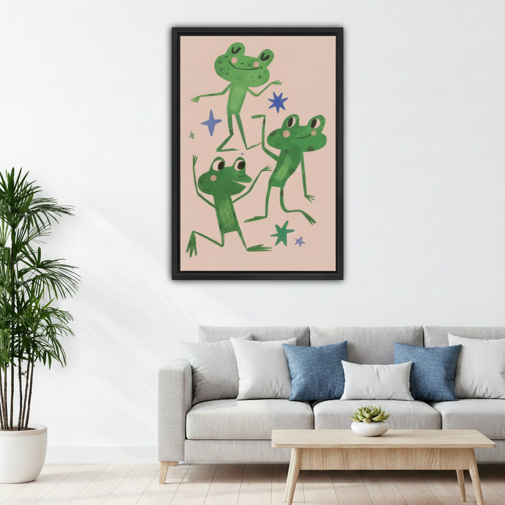 Dancing frogs canvas wall art above light gray sofa in bright Scandinavian living room