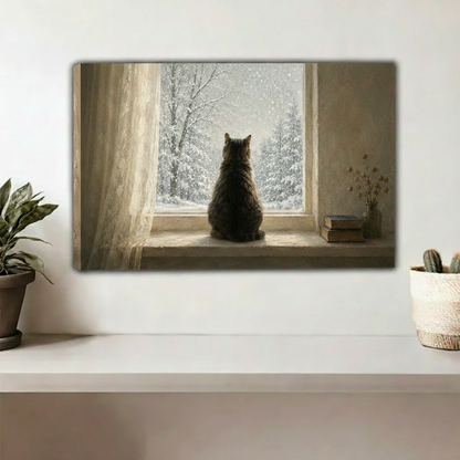 Fluffy cat winter window scene gallery wrap canvas wall art, cozy oil painting cat lover print