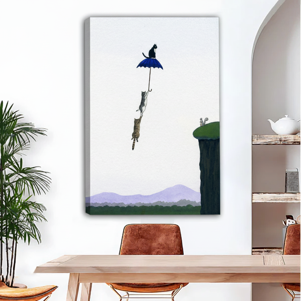 Unframed whimsical cat art print with flying cats and umbrella on white background – surreal wall decor