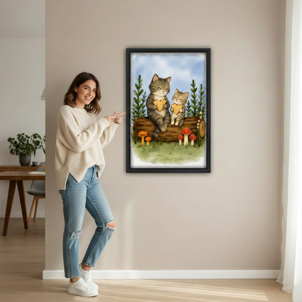 Woman pointing at framed watercolor cat print on wall – cute cat art for home