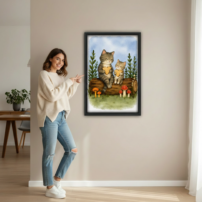 Woman pointing at framed watercolor cat print on wall – cute cat art for home