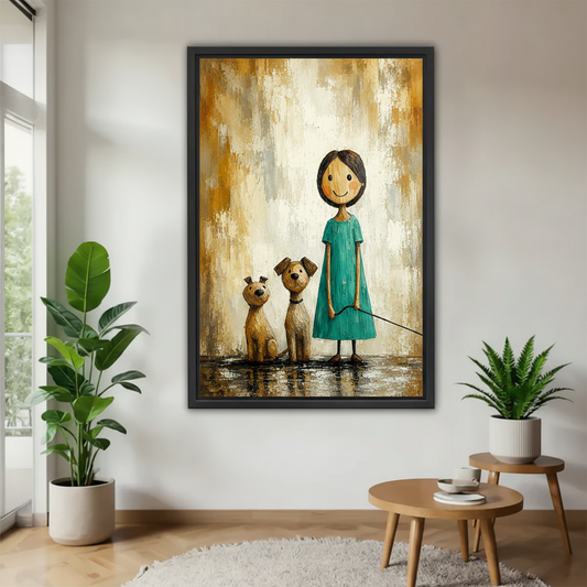 Black framed folk art girl with dogs canvas wall art hanging in minimalist living room with green plants
