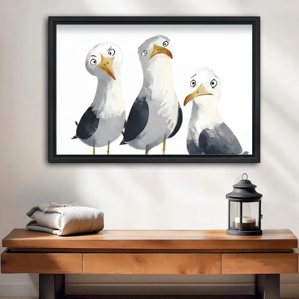 Whimsical seagull trio framed canvas wall art with black float frame above a wooden console table