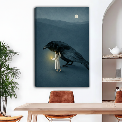 Girl giant crow moonlit fantasy dark canvas art gallery wrap with image-wrapped edges in modern dining room