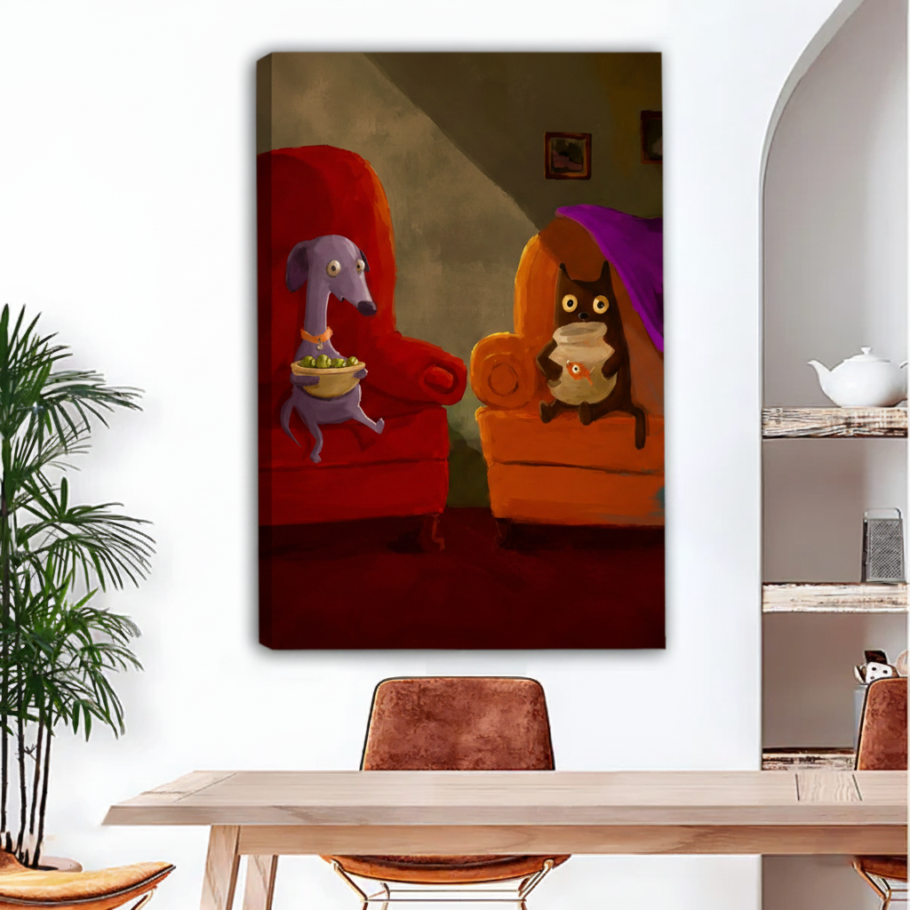 Dog cat watching TV canvas wall art no frame gallery wrap in dining room, cute animated pet print for warm eclectic home decor