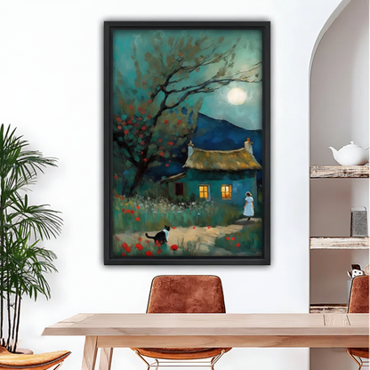 Moonlit cottage girl and cat impressionist framed canvas wall art, black frame, dreamy teal night oil painting with glowing windows red flowers and full moon, displayed in a modern dining room