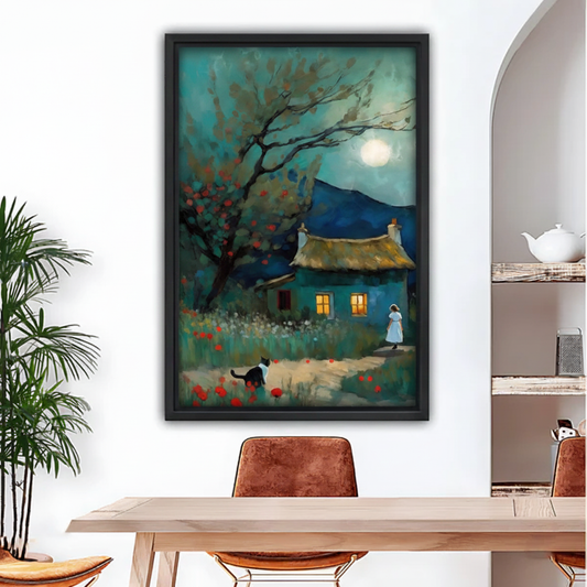 Moonlit cottage girl and cat impressionist framed canvas wall art, black frame, dreamy teal night oil painting with glowing windows red flowers and full moon, displayed in a modern dining room
