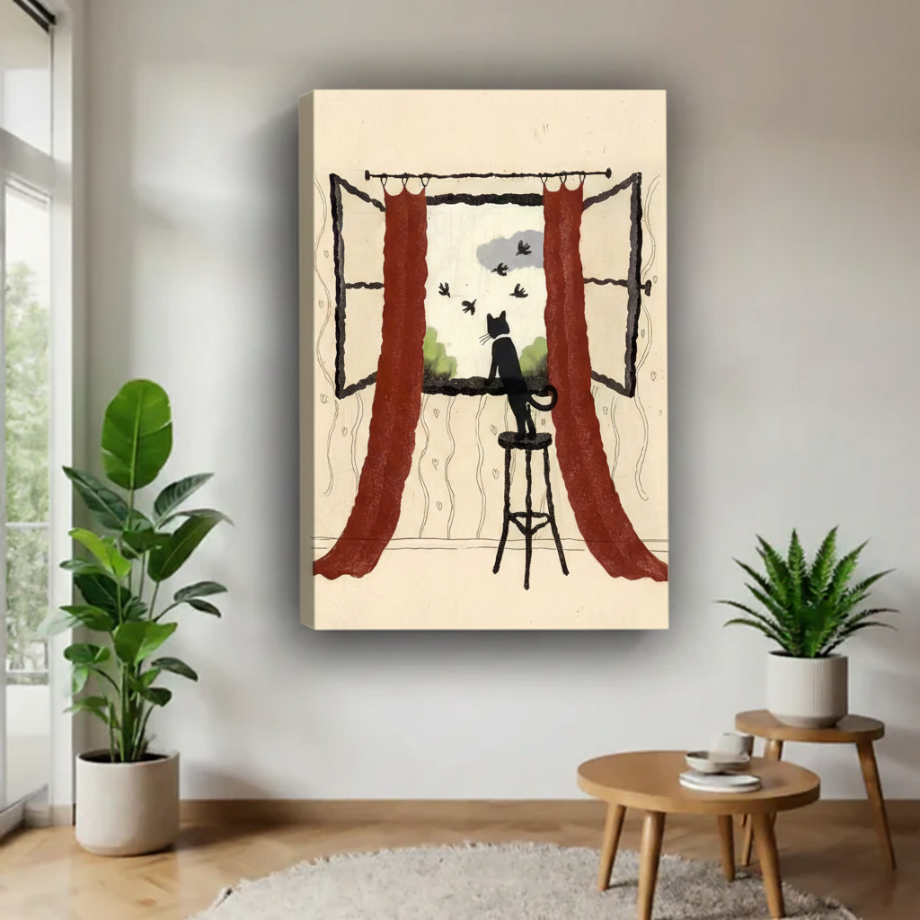 Black cat window canvas art print — whimsical cat lover wall decor featuring cat perched on stool gazing at birds outside