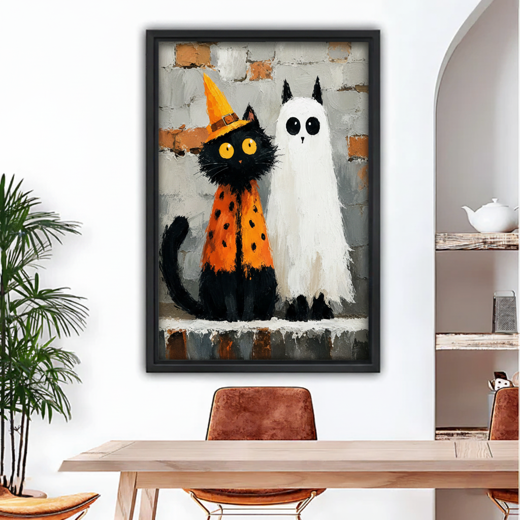 Halloween black cat and ghost oil painting framed wall art, black frame, above dining table