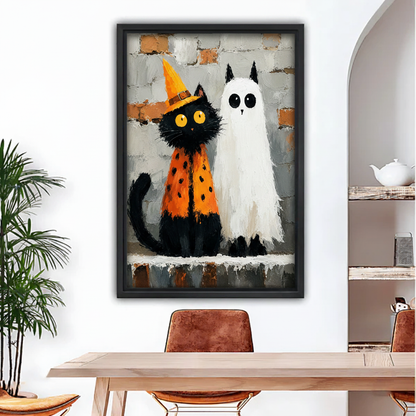 Halloween black cat and ghost oil painting framed wall art, black frame, above dining table