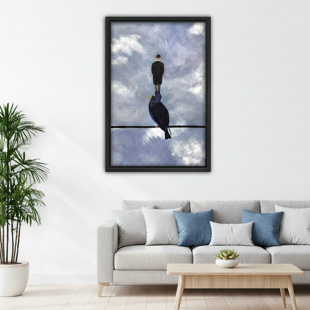 Surreal crow bird wall art canvas print with man in bowler hat displayed above bed in modern bedroom