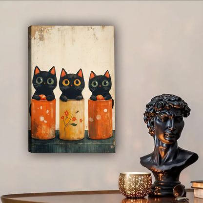 Gallery wrap canvas of three black cats in terracotta pots — retro vintage wall decor
