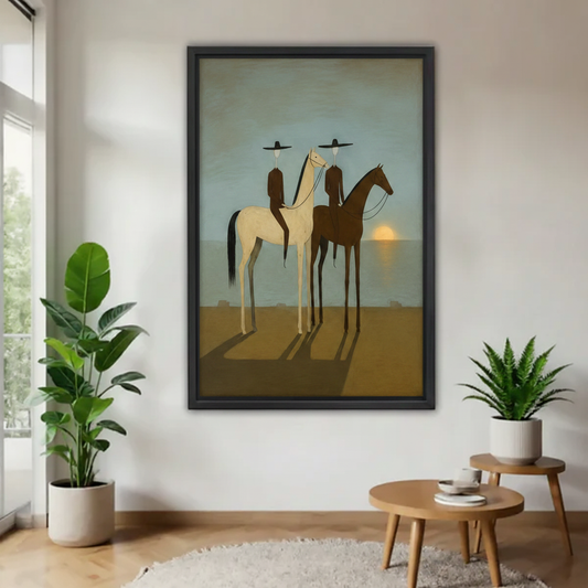 Surrealist desert riders canvas wall art in black frame above dining table, minimalist two figures on horseback at golden sunset