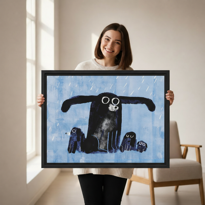 Dog sheltering puppies rain canvas print in black frame — heartwarming pet illustration for bedroom or entryway decor