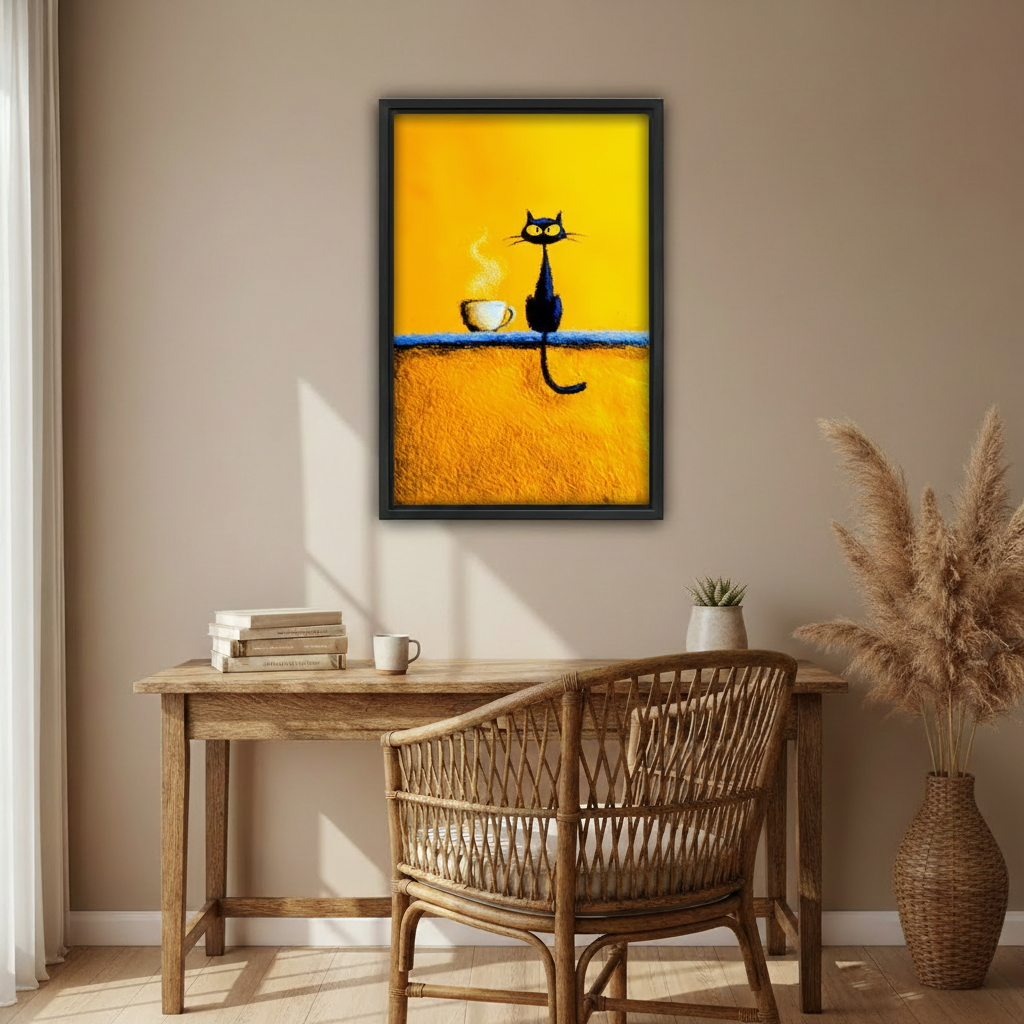 Minimalist black cat with coffee cup yellow canvas print in styled home interior, cozy cat lover wall decor
