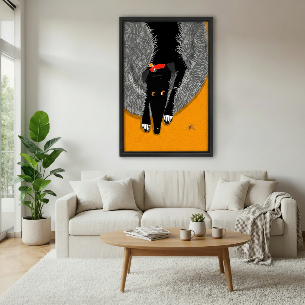 Funny black dog mosquito pop art framed wall art print in modern living room above white sofa — bold graphic pet home decor
