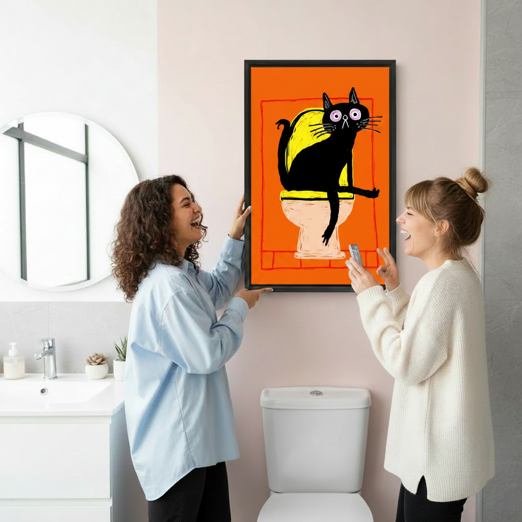 Funny black cat on toilet orange wall art print displayed in colorful living room, bold home decor