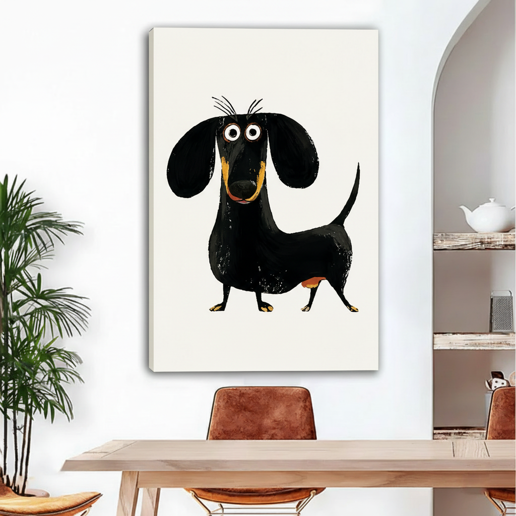 Unframed dachshund canvas art print with cream background – whimsical wiener dog wall decor ready to hang