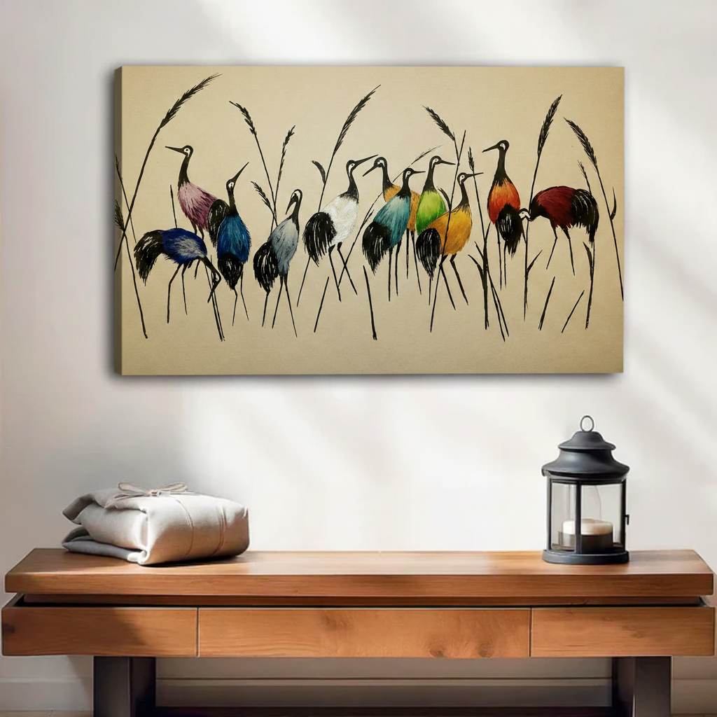 Elegant crane ink brush wall art in black floating frame above entryway console