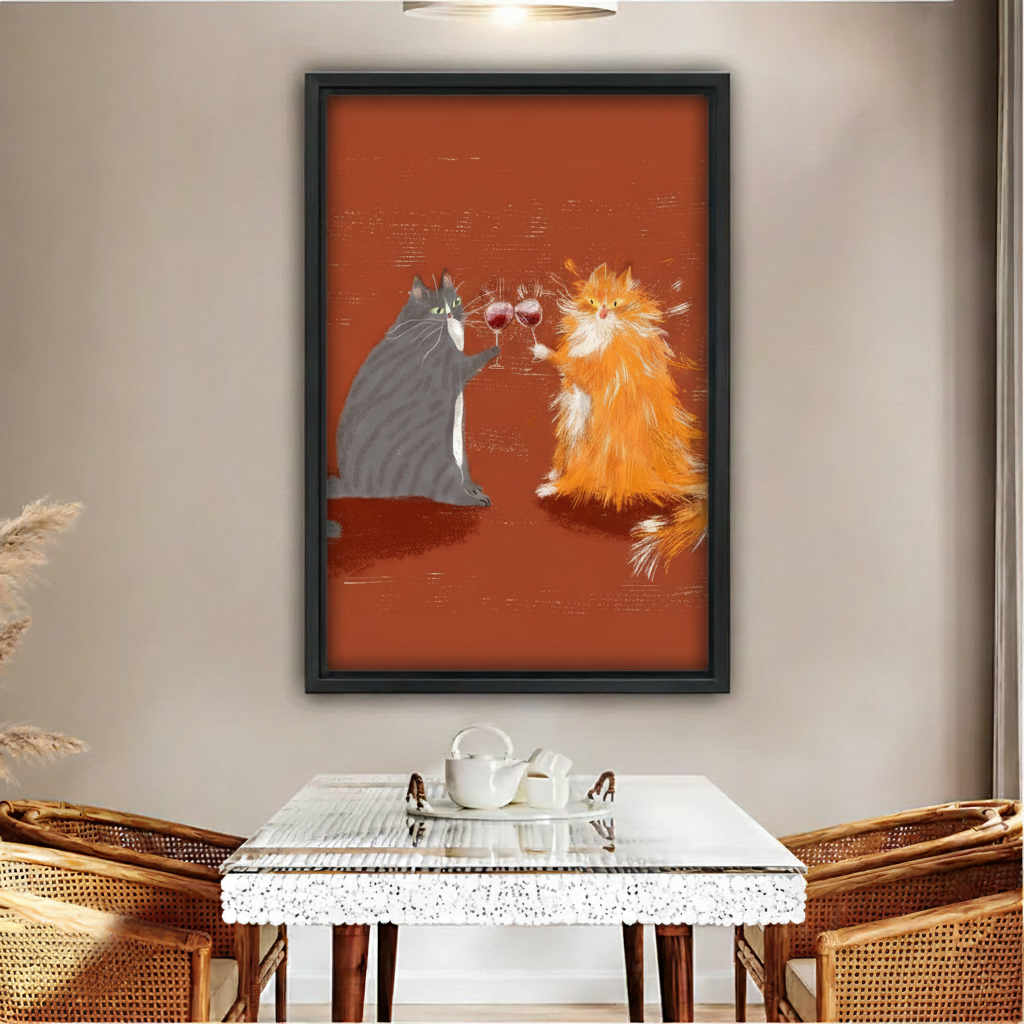 Two cats toasting wine glasses retro terracotta canvas wall art in black frame, dining room wall decor