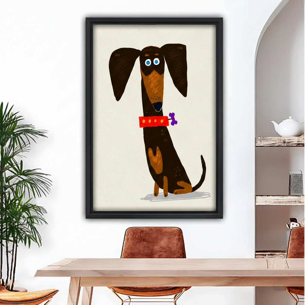 Cute dachshund dog with red collar framed canvas wall art above dining table, cream background