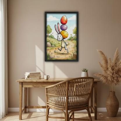 Kids room Easter wall art, whimsical cartoon bunny with colorful eggs, cheerful spring home decor