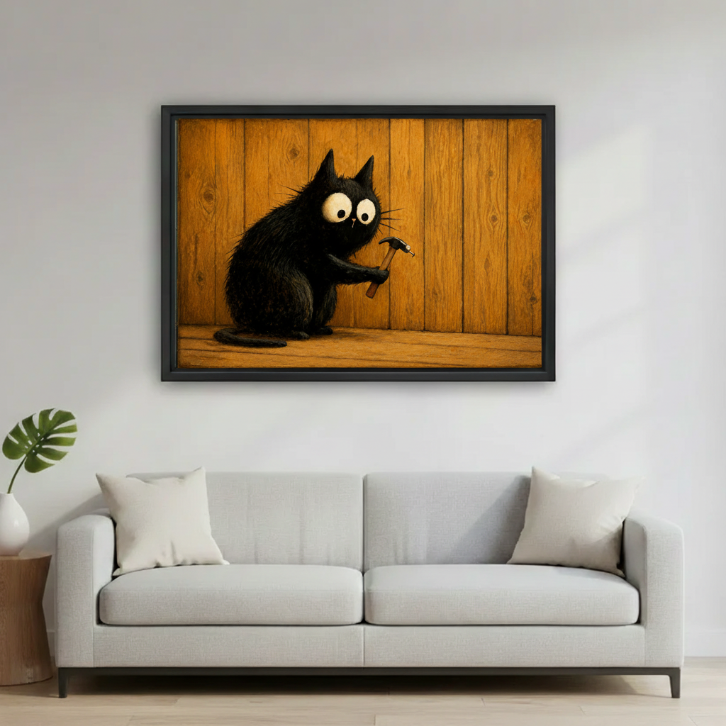 Black cat with hammer illustration framed art print – quirky whimsical canvas for living room or office
