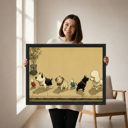 Woman holding whimsical dogs mice street parade vintage canvas print funny animal wall art