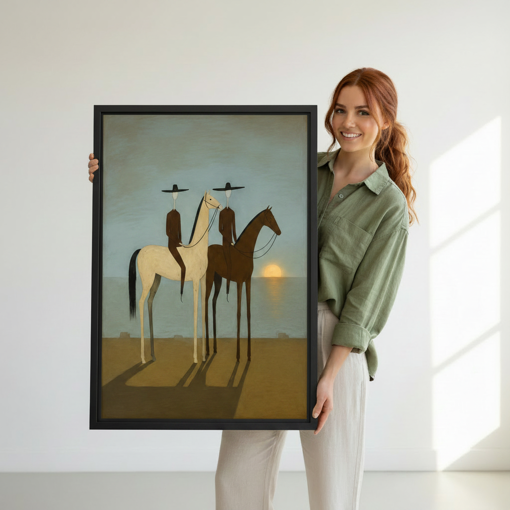 Woman holding surrealist desert riders canvas wall art print in black frame, poetic minimalist horse painting poster
