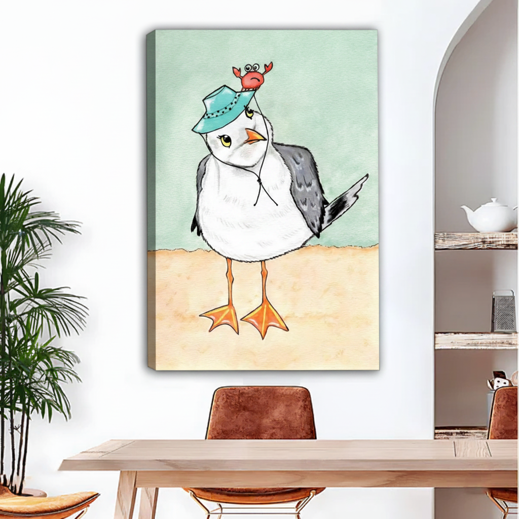Seagull wearing crab hat watercolor canvas – frameless gallery wrap wall art in boho dining room