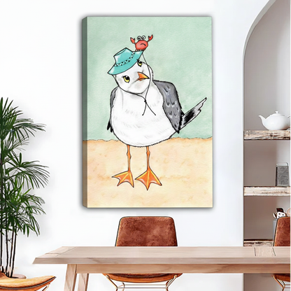 Seagull wearing crab hat watercolor canvas – frameless gallery wrap wall art in boho dining room