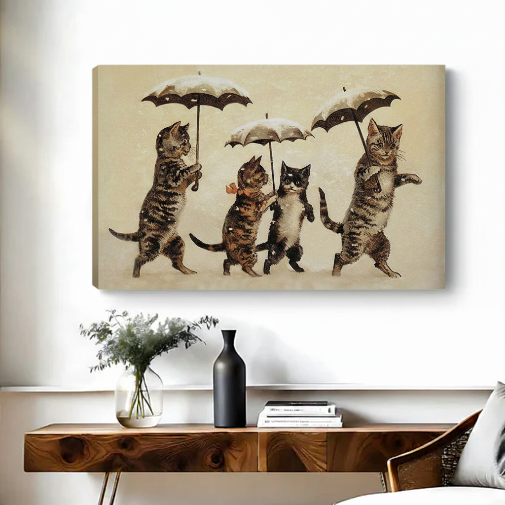 Funny Victorian cats with umbrellas gallery wrap canvas print whimsical animal wall art