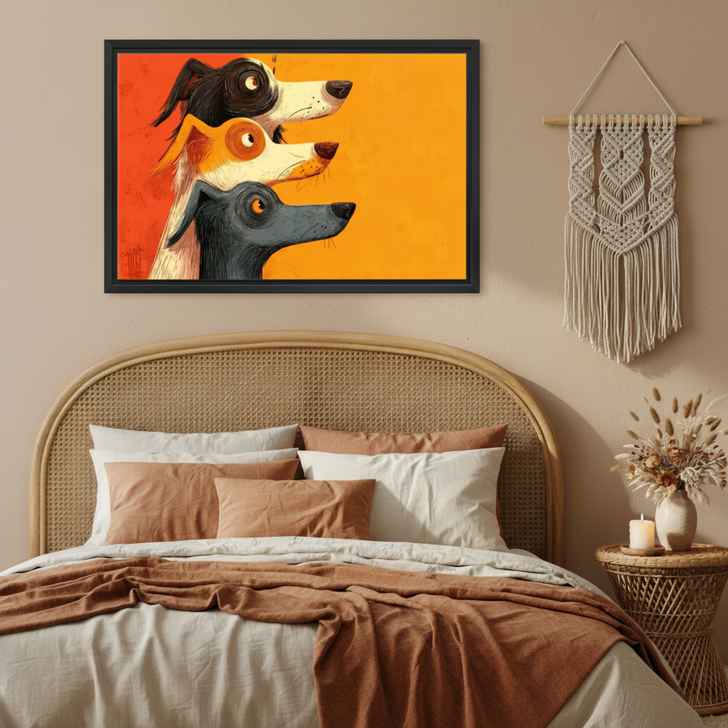 Dog lover gift canvas print — funny stacked three dogs cartoon art, colorful modern illustration for any room