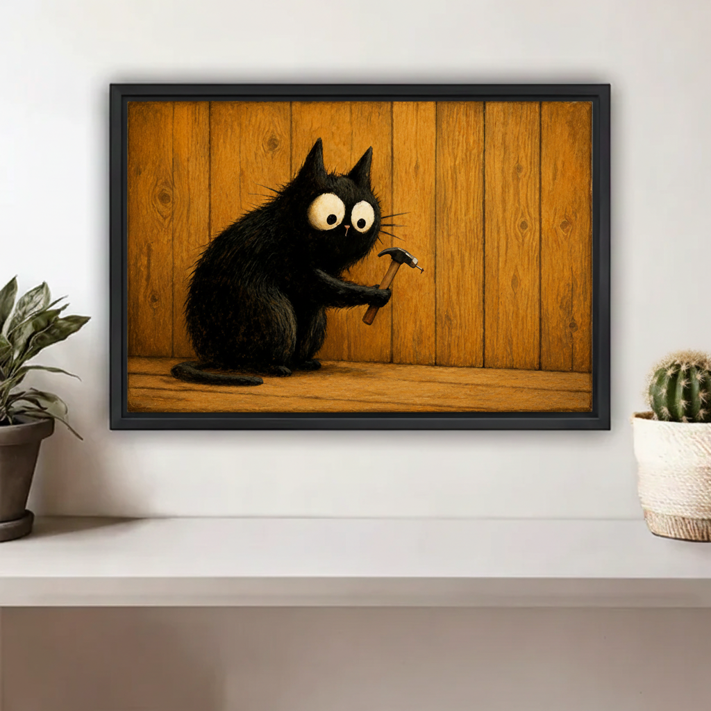 Funny black cat holding hammer framed canvas print on white shelf between plants – whimsical wall art