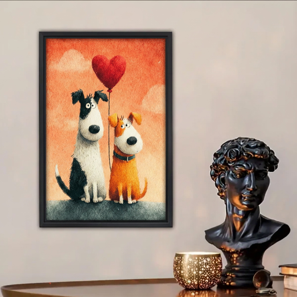 Whimsical Dog Duo Heart Balloon Canvas Wall Art - Adorable Framed Print for Home Decor