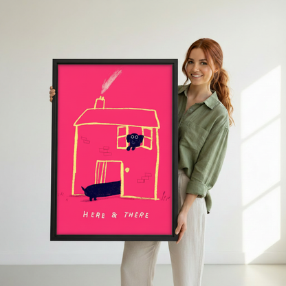 Here & There dachshund illustration canvas wall art as home decor accent — bold pink dog print styled with modern home furnishings