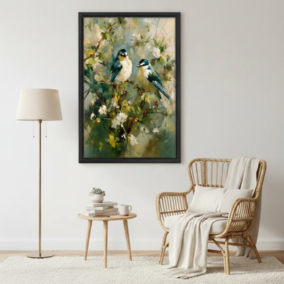 Floral bird canvas art print, impressionist painting of two blue tit birds among white blossoms