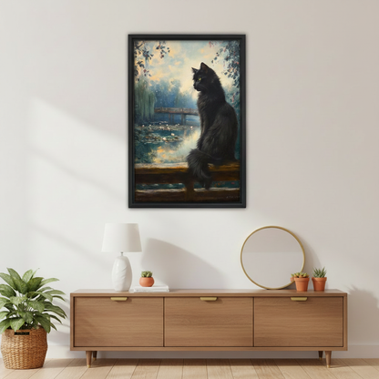 Cat lover wall art gift — black cat impressionist oil painting canvas, moody teal garden, elegant home decor