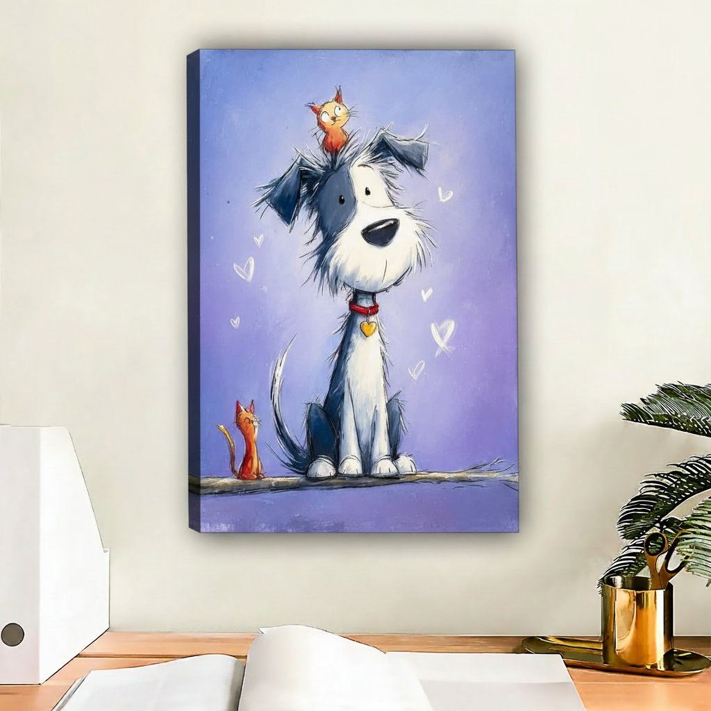 Whimsical cartoon dog and cat canvas print, adorable pet friendship wall art for kids room