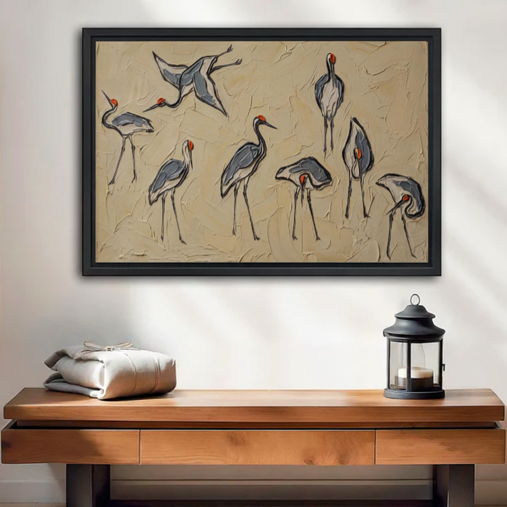 Textured red-crowned crane wall art in black floating frame, palette knife bird print hung above wooden console table with lantern