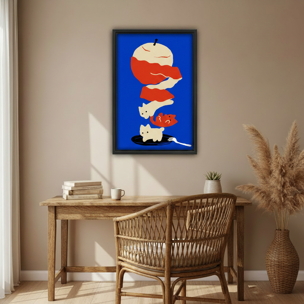 Framed blue cat apple illustration canvas wall art print in living room with rattan chairs and spotlight