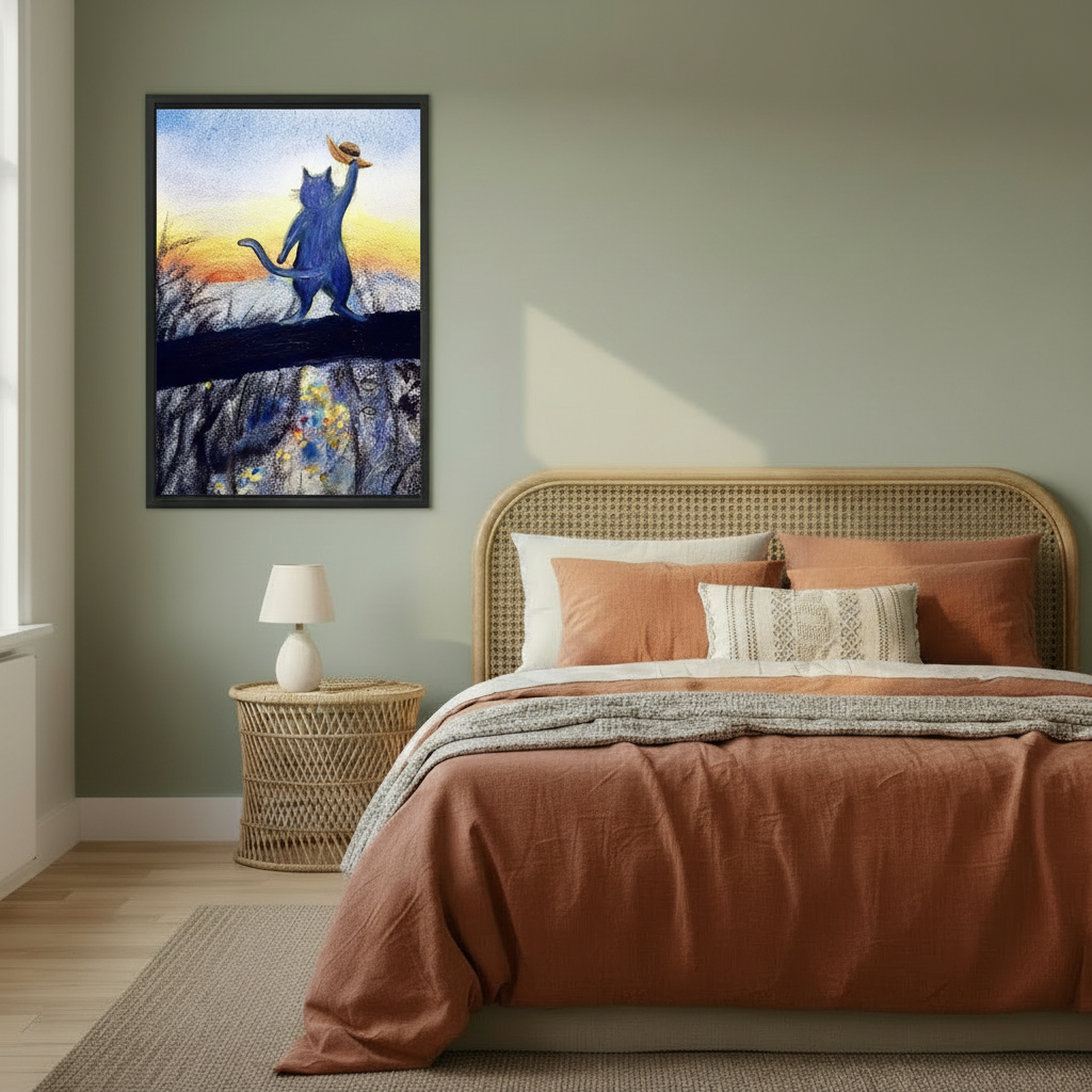 Woman holding blue cat sunset hat pastel oil painting canvas print – black framed wall art, impressionist orange sky illustration, whimsical cat lover gift for modern home decor