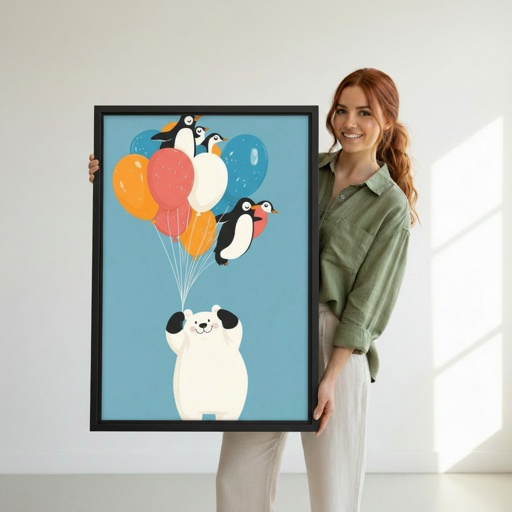 Playful polar bear penguin balloon wall art in living room — vibrant illustrated canvas print for kids room and bedroom decor