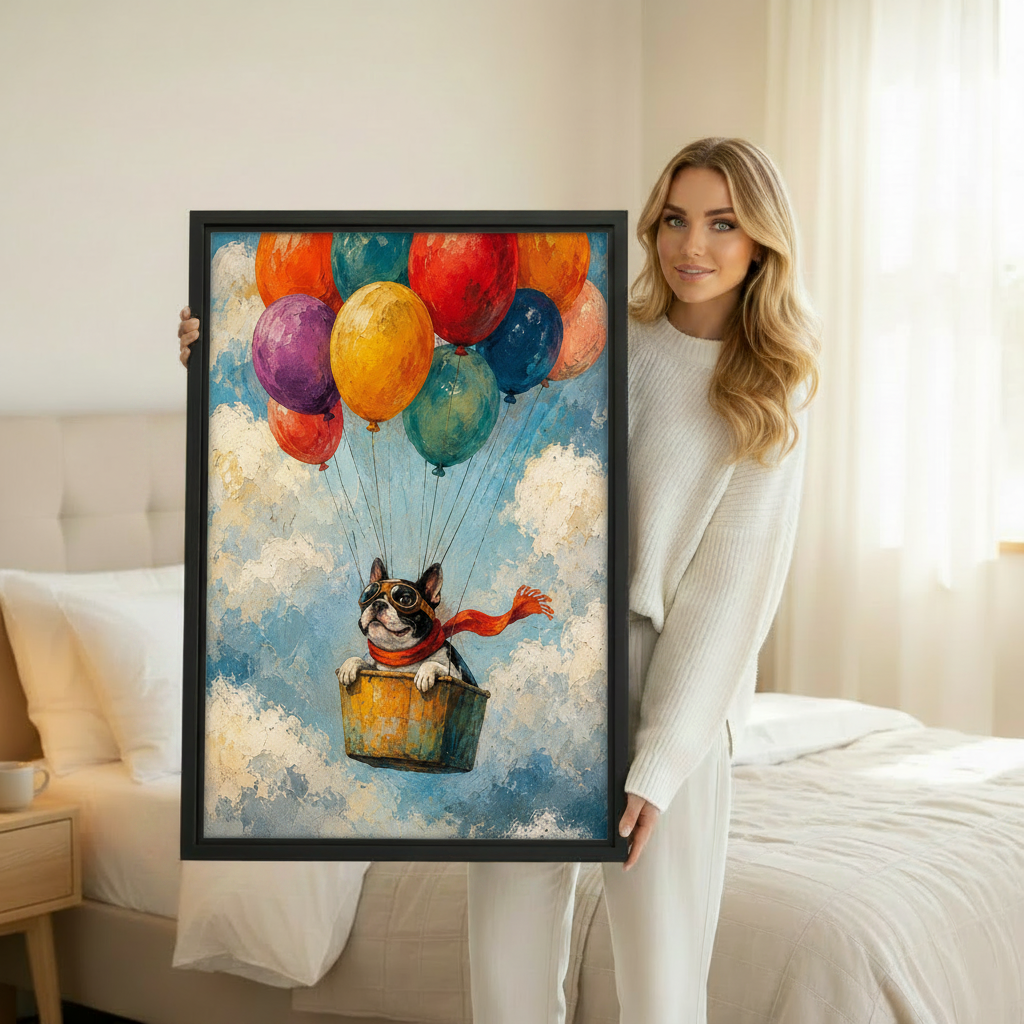 French Bulldog balloon adventure framed print — vibrant whimsical wall art with colorful balloons for gallery wall display