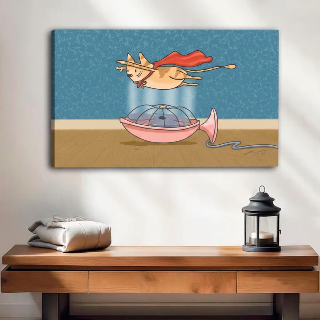 Super cat flying like Superman in fan breeze gallery wrap canvas — humorous pet wall art for cat lovers