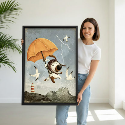 Woman holding whimsical flying dog wall art print, vintage storybook dog illustration, perfect dog lover gift