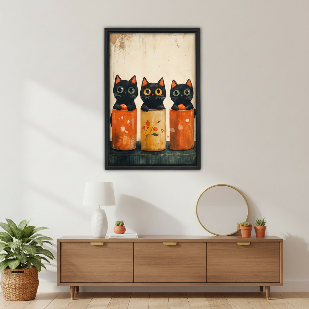 Framed black cat folk art print displayed above wooden desk — vintage cat wall art