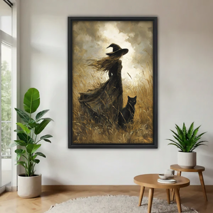 Dark witch black cat framed canvas wall art print in black frame — gothic moody fantasy home decor