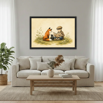 Boy reading to fox watercolor framed canvas print above wood console 