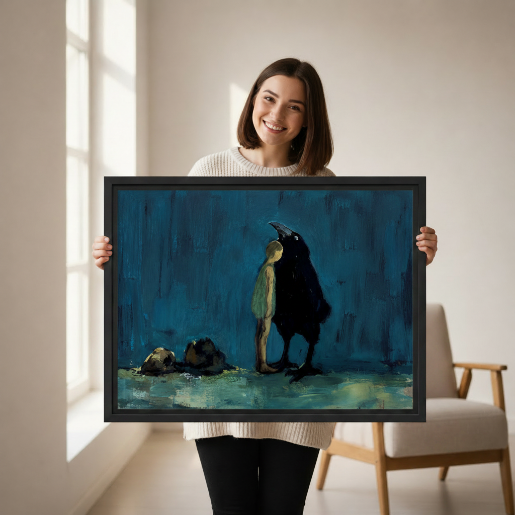 Person holding dark surreal boy and raven canvas wall art, moody gothic oil painting print